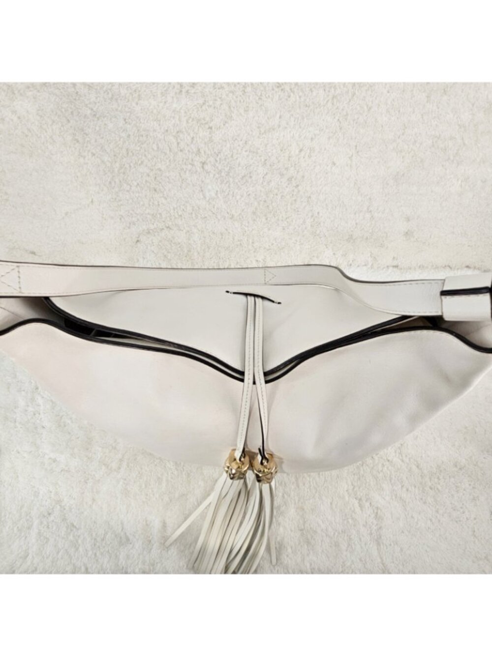 KARL LAGERFELD PARIS White Smooth Leather Hobo Shoulder Bag with Tassel Closure - Picture 11 of 15
